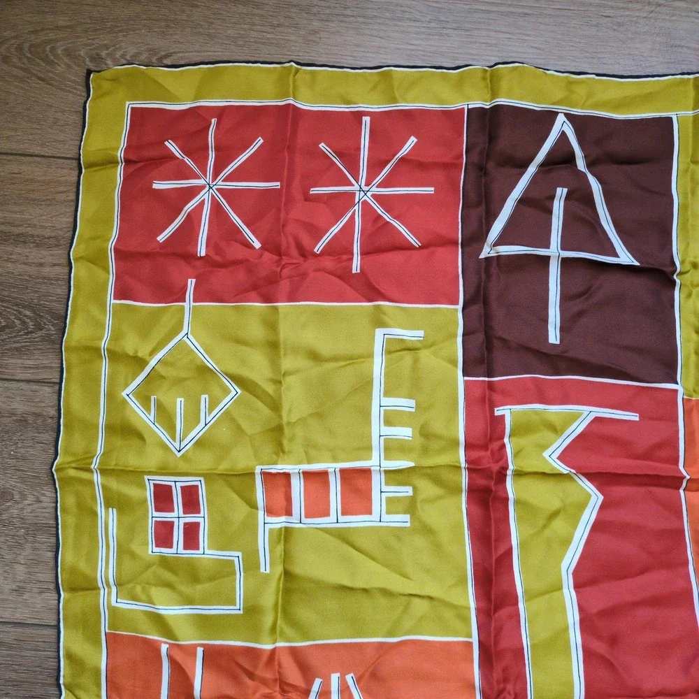 Vtg Vera Neumann Geometric Silk Scarf Retro Yellow Orange Brown Logo MCM Modern